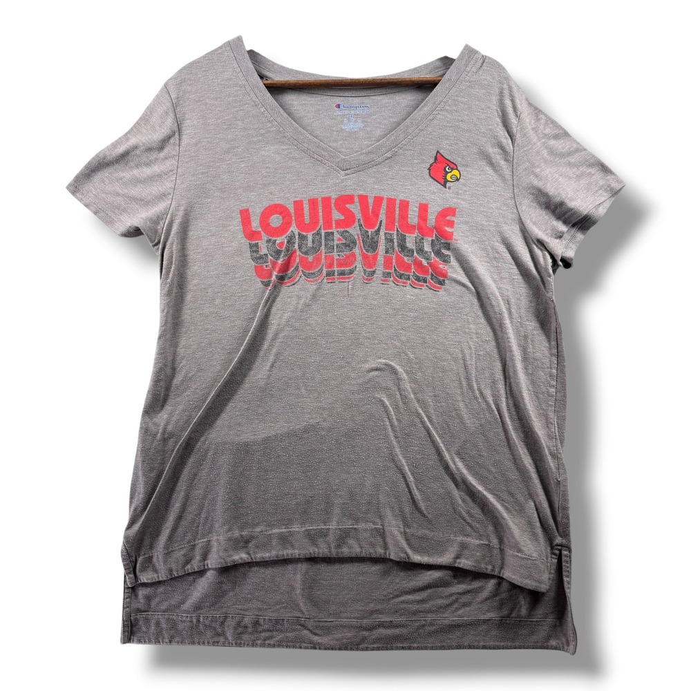 Champion Louisville Cardinals Gray V-Neck Graphic T-Shirt Womens XL NCAA
